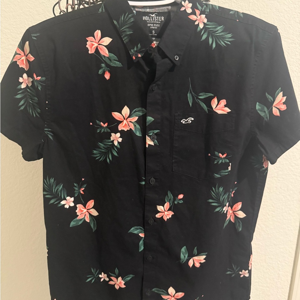 Hollister Men's Black Shirt with Pink Floral Design